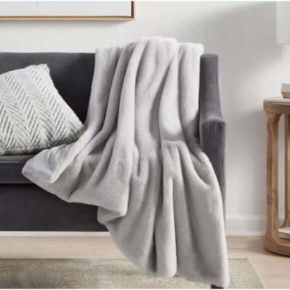 Faux Rabbit Fur Throw Blanket Light Gray - Threshold. 50”x60”. NWT. - Picture 1 of 7